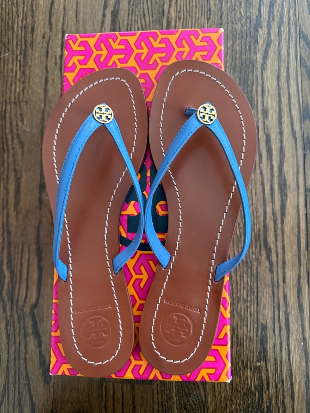 Tory Burch Terra Thong Sandals with Blue Straps and Gold Logo